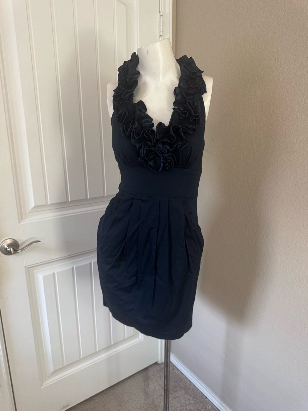 B Darlin Navy One-Shoulder Ruffle Halter Dress